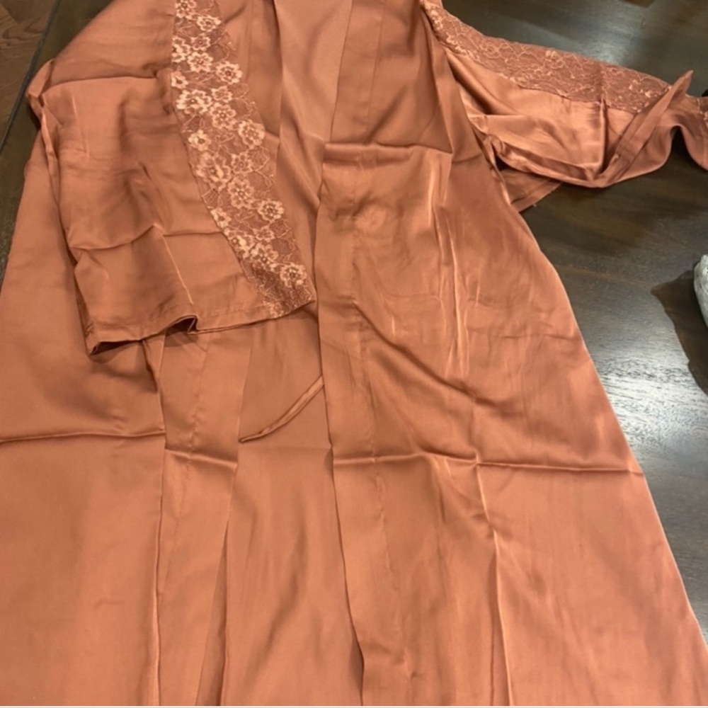 Caramel Satin Lace Brown Lace Trim Chemise Slip Dress Robe Sleepwear Set L XL